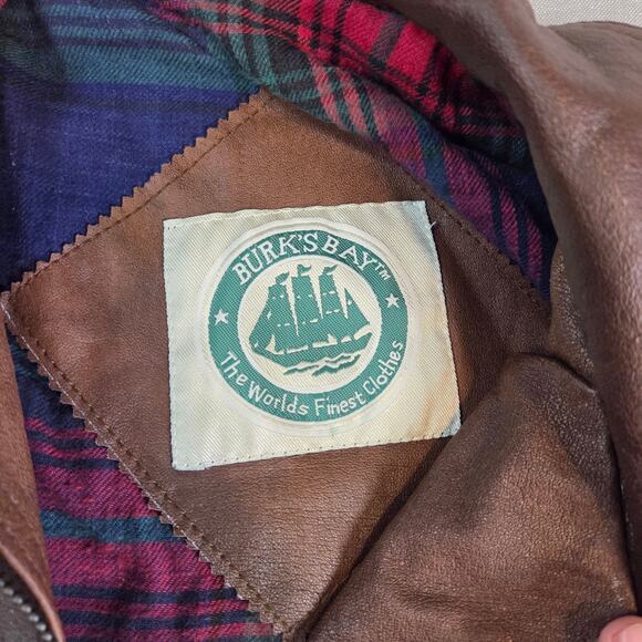Burk’s Bay Brown Leather Car Coat Jacket 2XT Tall Plaid Lined Men’s Patch - Picture 3 of 10